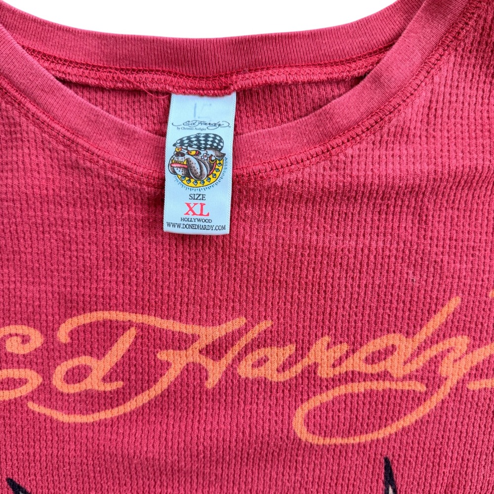 Ed Hardy Mens XL Red Long Sleeve Shirt Winged Skull Dagger Tattoo Graphic - Picture 2 of 6